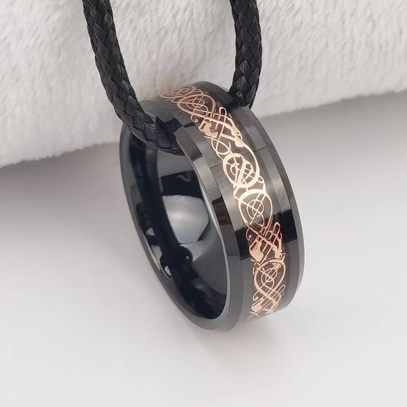 Tungsten Ring in Stock 8mm High polished Flat and Beveled Edges Black Tungsten Carbide Ring Inlay with Rose Gold Dragon and Black Background China Manufacturer