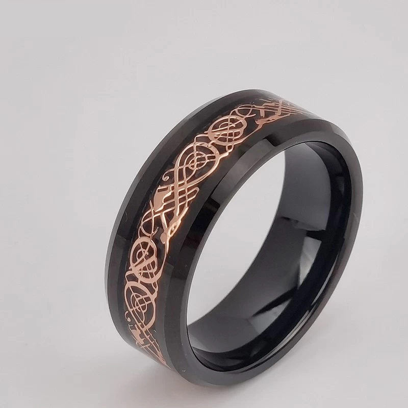 Tungsten Ring in Stock 8mm High polished Flat and Beveled Edges Black Tungsten Carbide Ring Inlay with Rose Gold Dragon and Black Background China Manufacturer