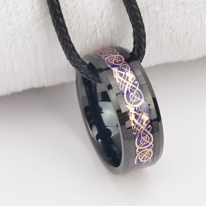 Tungsten Ring in Stock 8mm High polished Flat and Beveled Edges Black Tungsten Carbide Ring Inlay with Rose Gold Dragon and Blue Background China Manufacturer