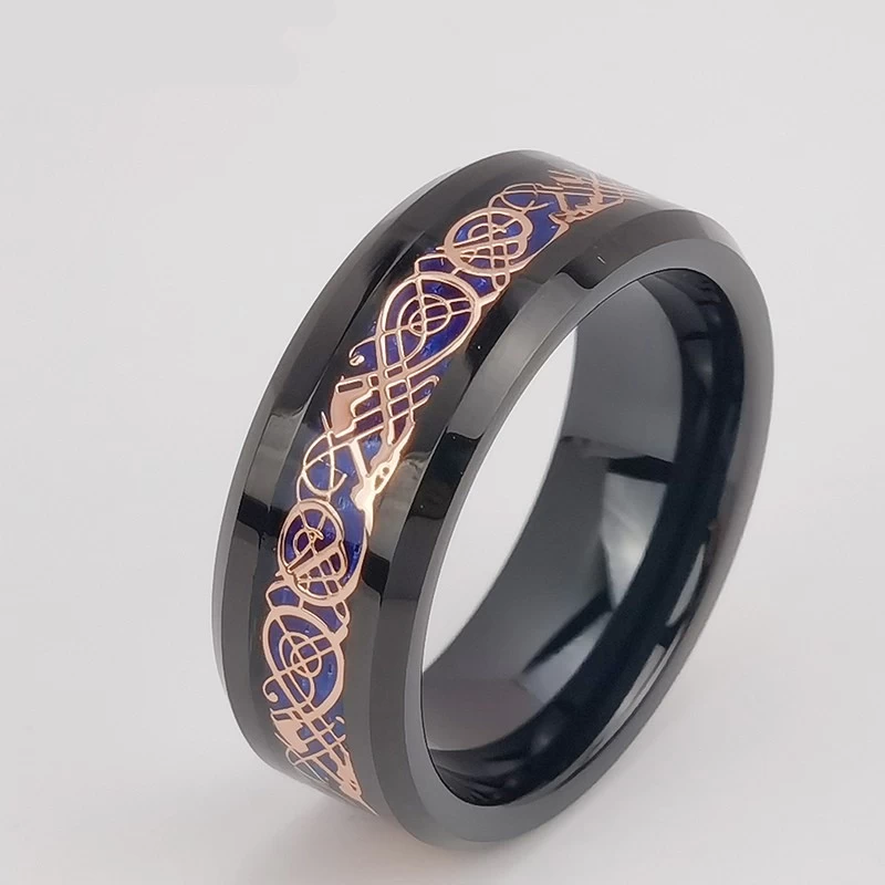 Tungsten Ring in Stock 8mm High polished Flat and Beveled Edges Black Tungsten Carbide Ring Inlay with Rose Gold Dragon and Blue Background China Manufacturer