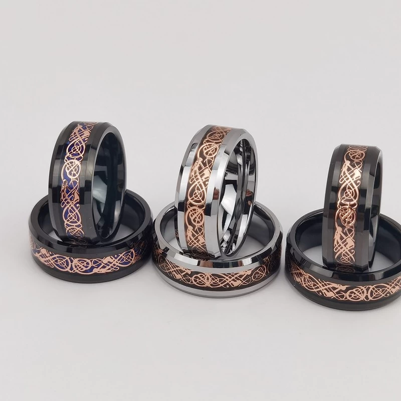 Tungsten Ring in Stock 8mm High polished Flat and Beveled Edges Black Tungsten Carbide Ring Inlay with Rose Gold Dragon and Blue Background China Manufacturer