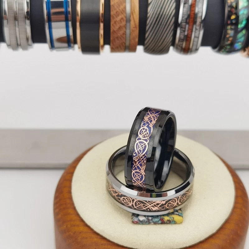 Tungsten Ring in Stock 8mm High polished Flat and Beveled Edges Black Tungsten Carbide Ring Inlay with Rose Gold Dragon and Blue Background China Manufacturer