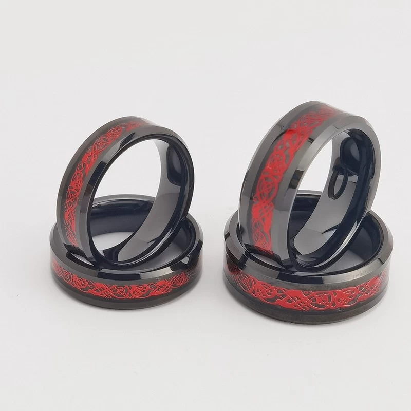 Tungsten Ring in Stock 8mm High polished Flat and Beveled Edges Black Tungsten Carbide Ring Inlay with Red Dragon and Black Background China Manufacturer