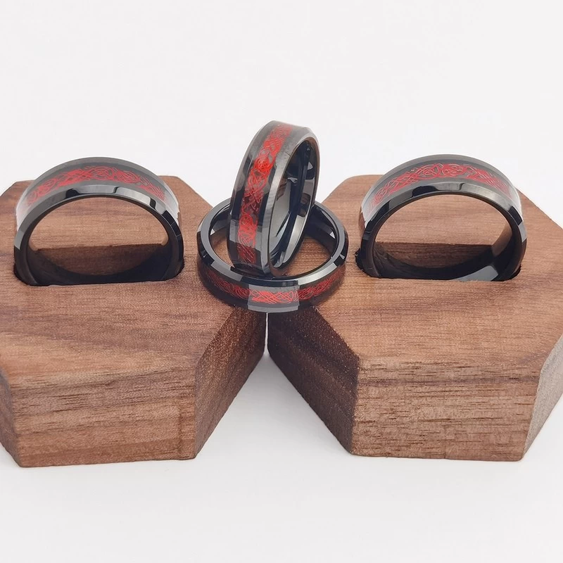 Tungsten Ring in Stock 8mm High polished Flat and Beveled Edges Black Tungsten Carbide Ring Inlay with Red Dragon and Black Background China Manufacturer