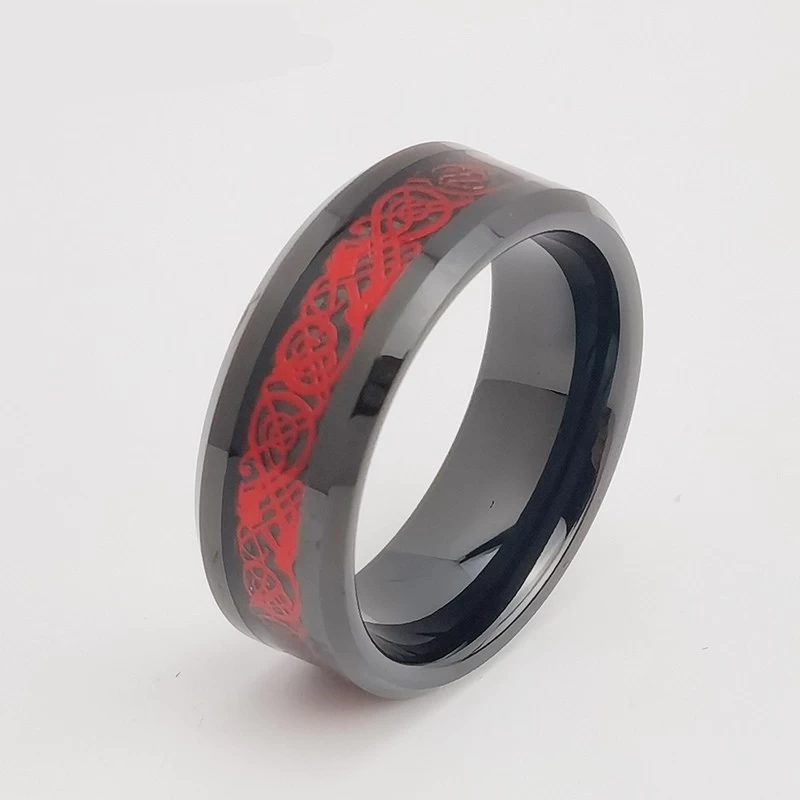 Tungsten Ring in Stock 8mm High polished Flat and Beveled Edges Black Tungsten Carbide Ring Inlay with Red Dragon and Black Background China Manufacturer