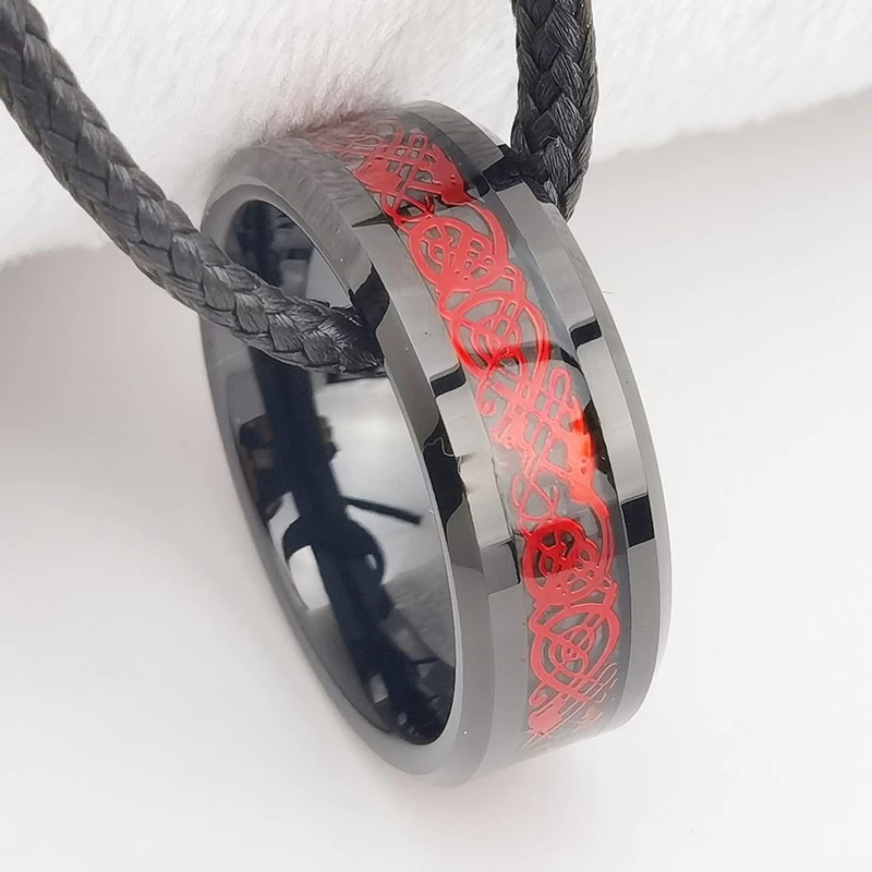 Tungsten Ring in Stock 8mm High polished Flat and Beveled Edges Black Tungsten Carbide Ring Inlay with Red Dragon and Black Background China Manufacturer
