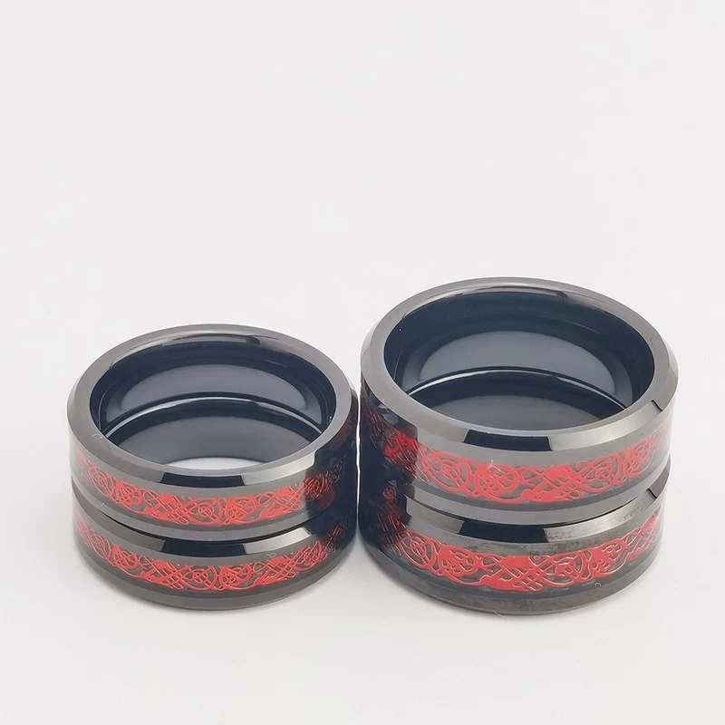 Tungsten Ring in Stock 8mm High polished Flat and Beveled Edges Black Tungsten Carbide Ring Inlay with Red Dragon and Black Background China Manufacturer