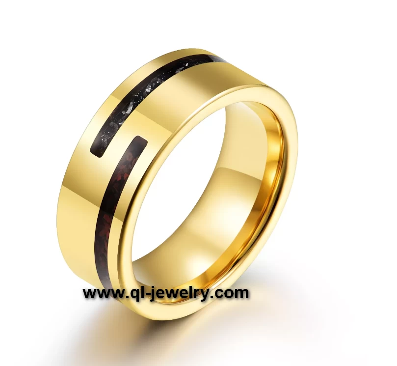 Chine Bague de mariage en carbure de tungstène garantie à vie Bague plate en carbure de tungstène doré de 8 mm avec incrustation d'imitation de météorite et d'os de dinosaure écrasé Fabricants