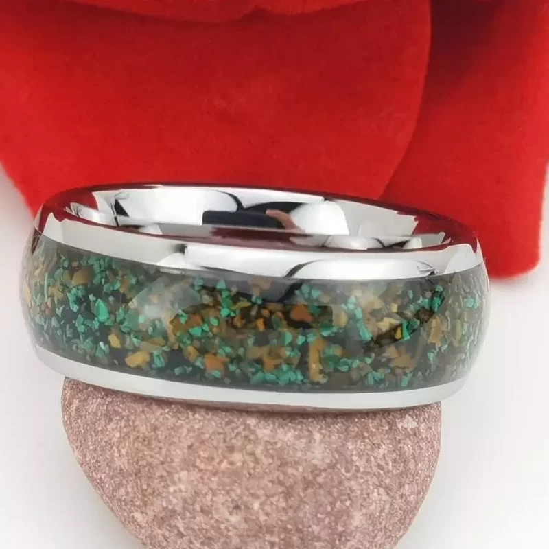 Unique And Affordable Tungsten Weddings Bands 8mm Domed Tungsten Carbide Ring with Gemstone Broken Malachite and Tiger's-eye inlay China Manufacturer