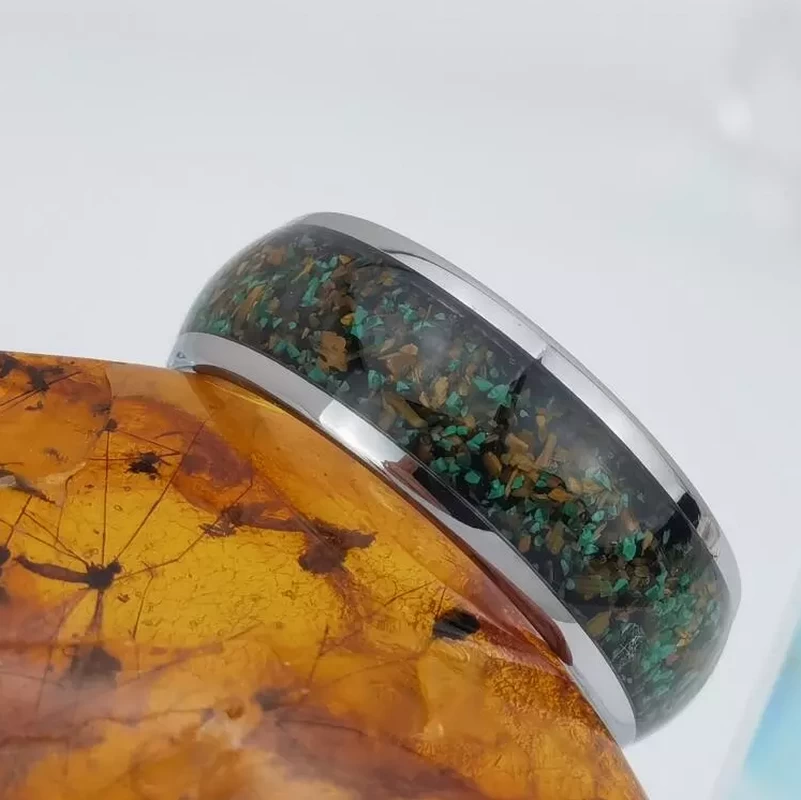 Unique And Affordable Tungsten Weddings Bands 8mm Domed Tungsten Carbide Ring with Gemstone Broken Malachite and Tiger's-eye inlay China Manufacturer