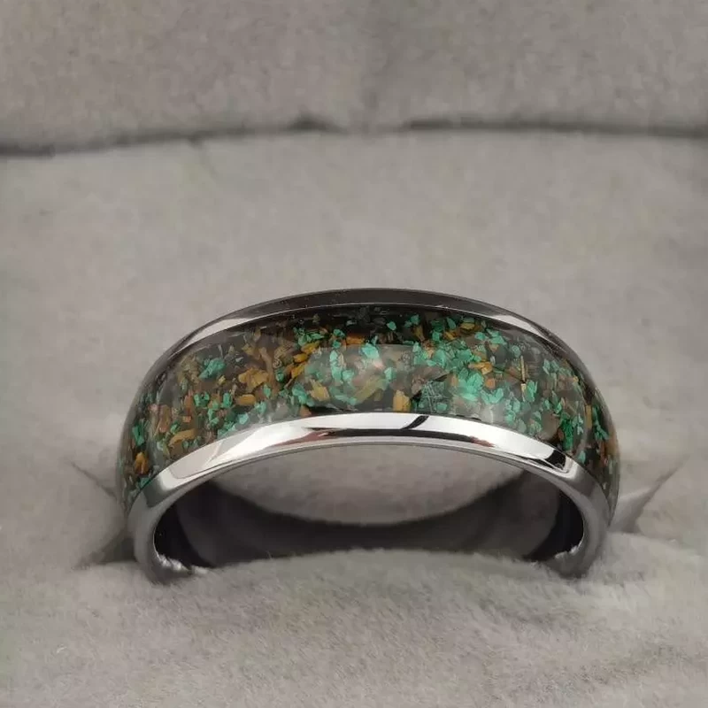 Unique And Affordable Tungsten Weddings Bands 8mm Domed Tungsten Carbide Ring with Gemstone Broken Malachite and Tiger's-eye inlay China Manufacturer