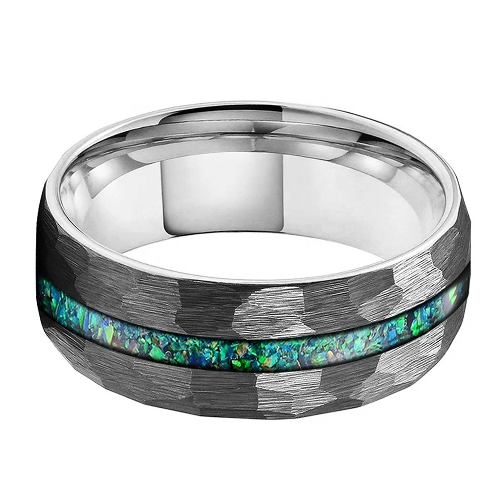 Unique And Affordable Tungsten Weddings Bands 8mm Domed and Hammered Tungsten Carbide Ring with Opal inlay China Manufacturer