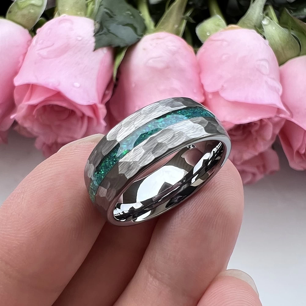 Unique And Affordable Tungsten Weddings Bands 8mm Domed and Hammered Tungsten Carbide Ring with Opal inlay China Manufacturer