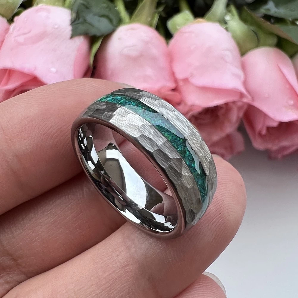 Unique And Affordable Tungsten Weddings Bands 8mm Domed and Hammered Tungsten Carbide Ring with Opal inlay China Manufacturer