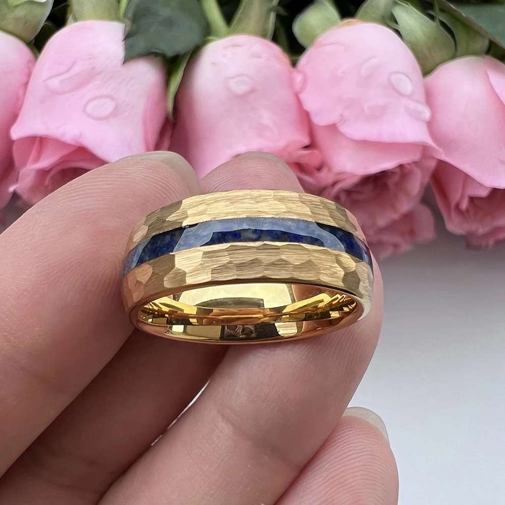 Unique And Affordable Tungsten Weddings Bands 8mm Domed and Hammered Gold Tungsten Carbide Ring with Crushed Lapis inlay China Manufacturer