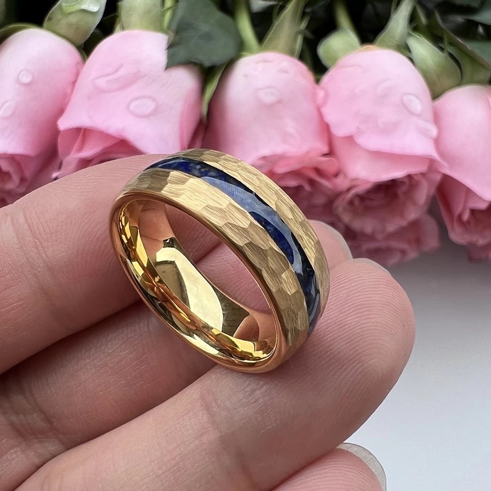 Unique And Affordable Tungsten Weddings Bands 8mm Domed and Hammered Gold Tungsten Carbide Ring with Crushed Lapis inlay China Manufacturer