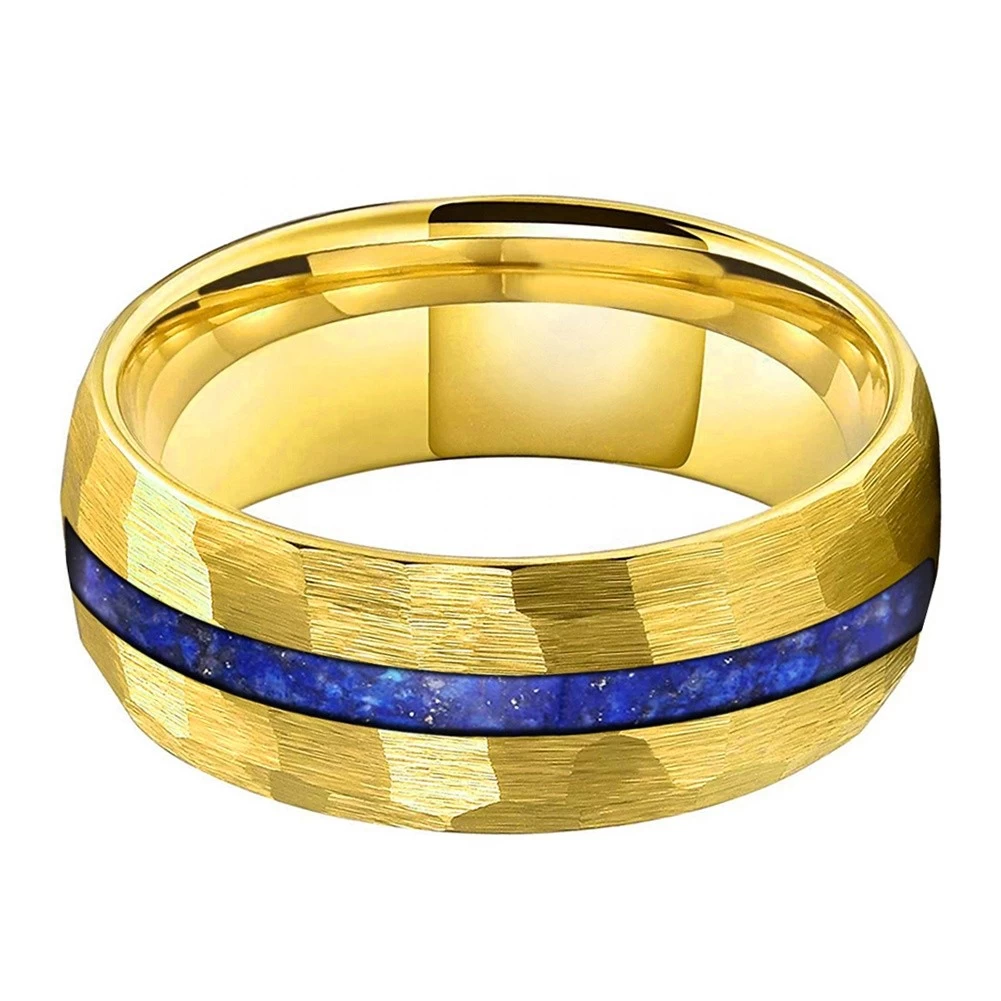 Unique And Affordable Tungsten Weddings Bands 8mm Domed and Hammered Gold Tungsten Carbide Ring with Crushed Lapis inlay China Manufacturer