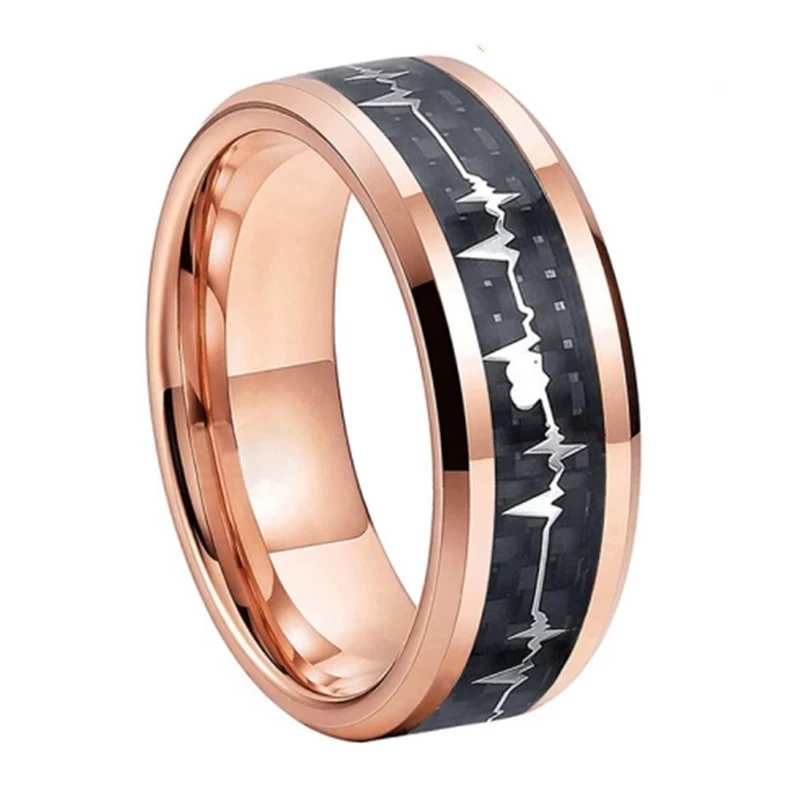 High Quality and Affordable Mens Wedding Bands 8mm Flat and Beveled Edges Rose Gold Tungsten Ring with Black Carbon Fiber and Heartbeat Inlay China Manufacturer