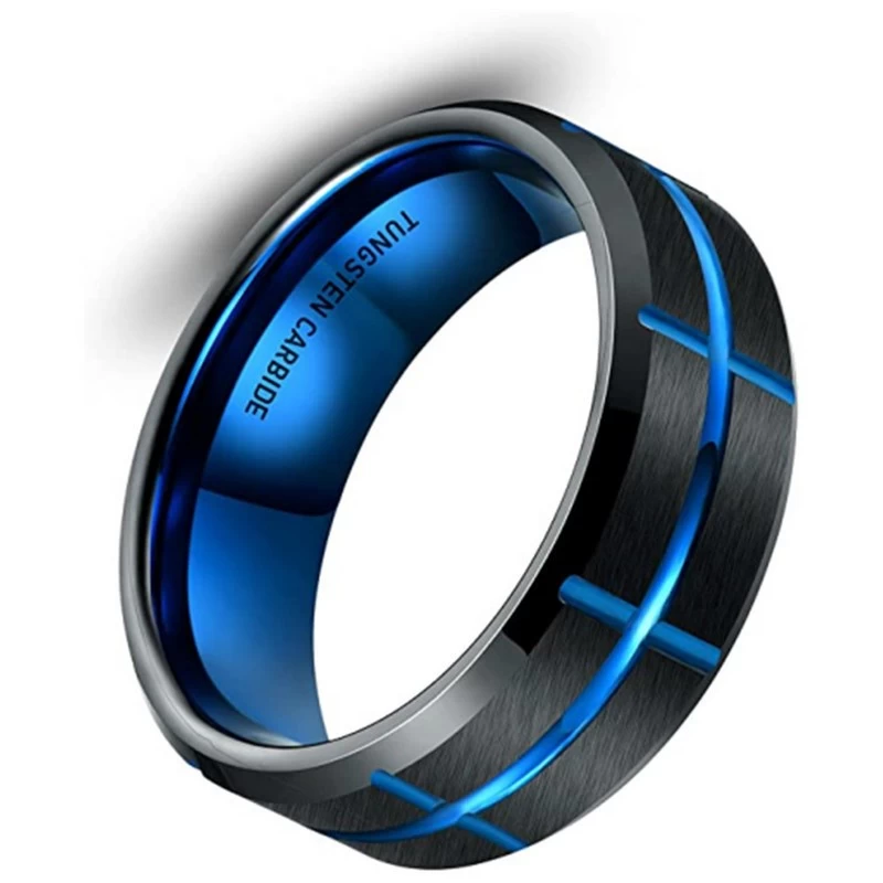 Luxuriöser und einzigartiger zweifarbiger Wolframkarbidring 8 mm flache und abgeschrägte Kanten gebürsteter gerillter schwarzer und blauer Wolframkarbidring China Hersteller