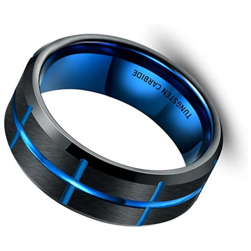 Luxuriöser und einzigartiger zweifarbiger Wolframkarbidring 8 mm flache und abgeschrägte Kanten gebürsteter gerillter schwarzer und blauer Wolframkarbidring China Hersteller