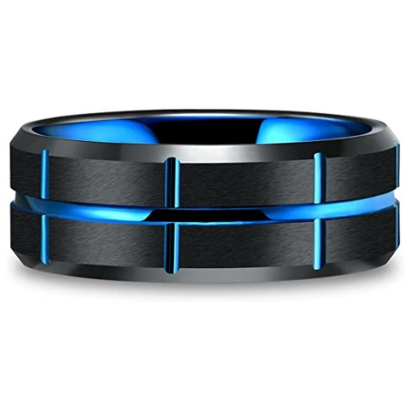 Luxuriöser und einzigartiger zweifarbiger Wolframkarbidring 8 mm flache und abgeschrägte Kanten gebürsteter gerillter schwarzer und blauer Wolframkarbidring China Hersteller