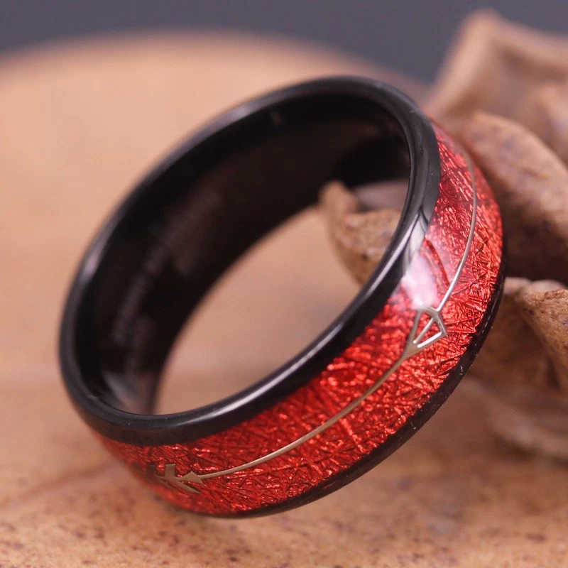 Luxury & Unique Design Mens Wedding Bands 8mm Black Tungsten Carbide Ring with Red Imitate Meteorite &Arrow Inlay China Manufacturer