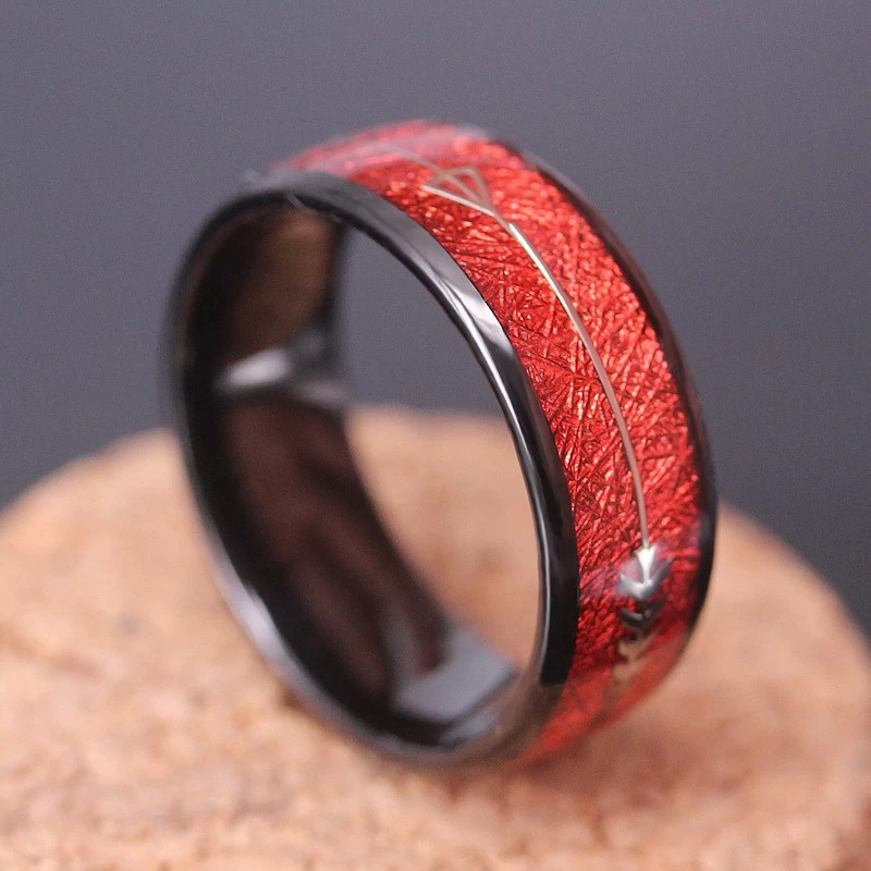Luxury & Unique Design Mens Wedding Bands 8mm Black Tungsten Carbide Ring with Red Imitate Meteorite &Arrow Inlay China Manufacturer