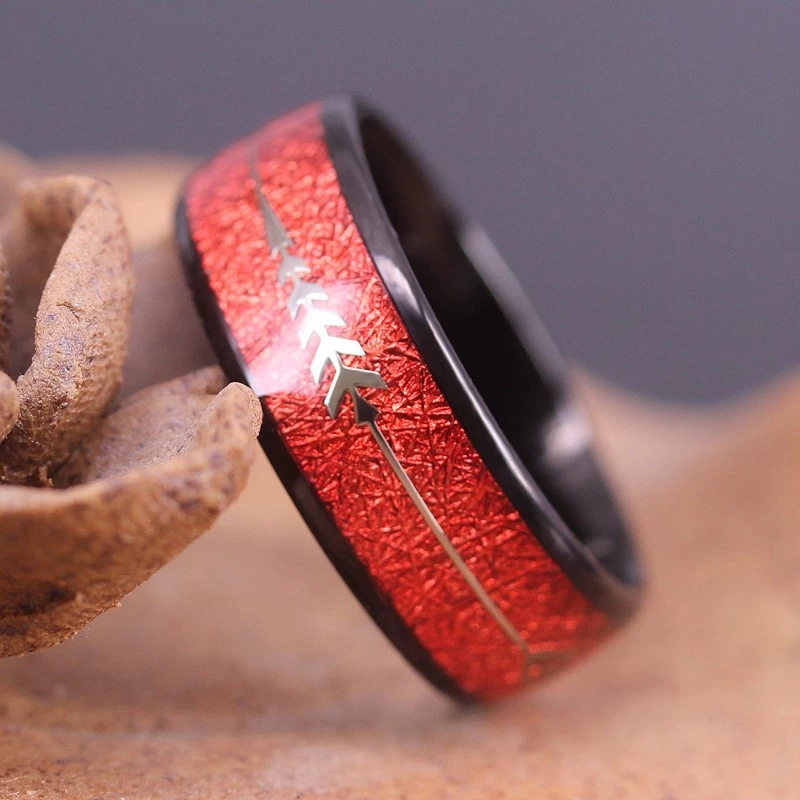 Luxury & Unique Design Mens Wedding Bands 8mm Black Tungsten Carbide Ring with Red Imitate Meteorite &Arrow Inlay China Manufacturer
