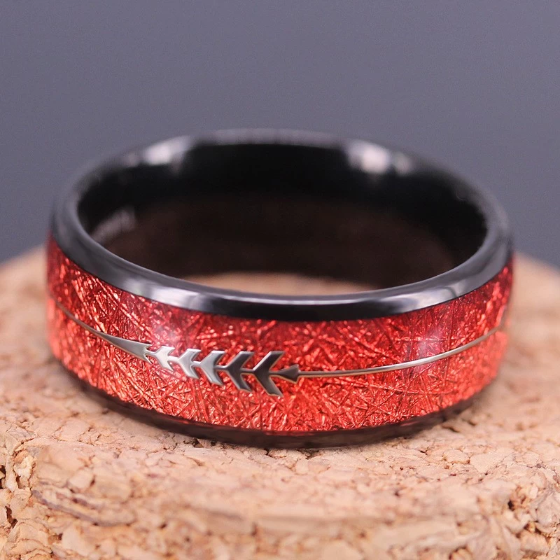 Luxury & Unique Design Mens Wedding Bands 8mm Black Tungsten Carbide Ring with Red Imitate Meteorite &Arrow Inlay China Manufacturer