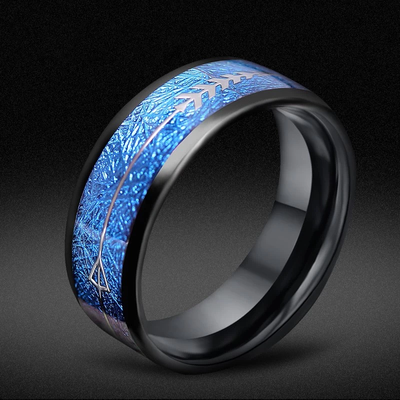 Luxury & Unique Design Mens Wedding Bands 8mm Black Tungsten Carbide Ring with Blue Imitate Meteorite &Arrow Inlay China Manufacturer