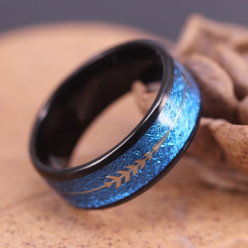 Luxury & Unique Design Mens Wedding Bands 8mm Black Tungsten Carbide Ring with Blue Imitate Meteorite &Arrow Inlay China Manufacturer