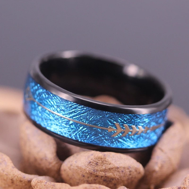 Luxury & Unique Design Mens Wedding Bands 8mm Black Tungsten Carbide Ring with Blue Imitate Meteorite &Arrow Inlay China Manufacturer