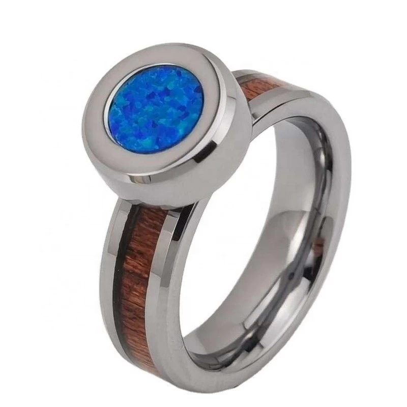 Cina Fedi nuziali da uomo di design più recenti 6 mm con bordi piatti e smussati Anello in carburo di tungsteno con intarsio in legno e opale Anelli a mano a decompressione magnetica Produttori