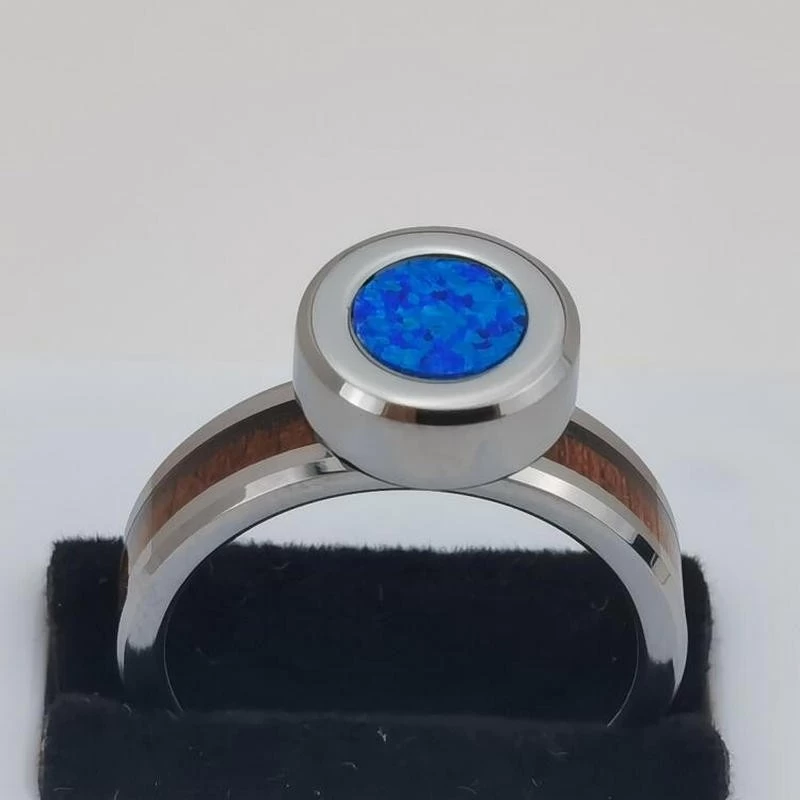 Cina Fedi nuziali da uomo di design più recenti 6 mm con bordi piatti e smussati Anello in carburo di tungsteno con intarsio in legno e opale Anelli a mano a decompressione magnetica Produttori