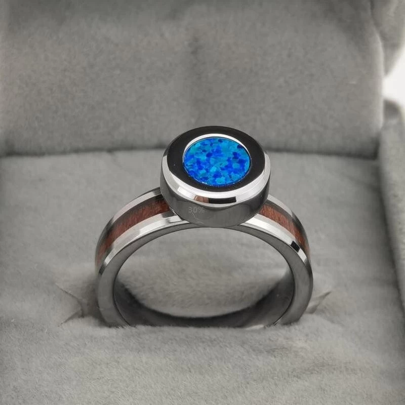 Cina Fedi nuziali da uomo di design più recenti 6 mm con bordi piatti e smussati Anello in carburo di tungsteno con intarsio in legno e opale Anelli a mano a decompressione magnetica Produttori