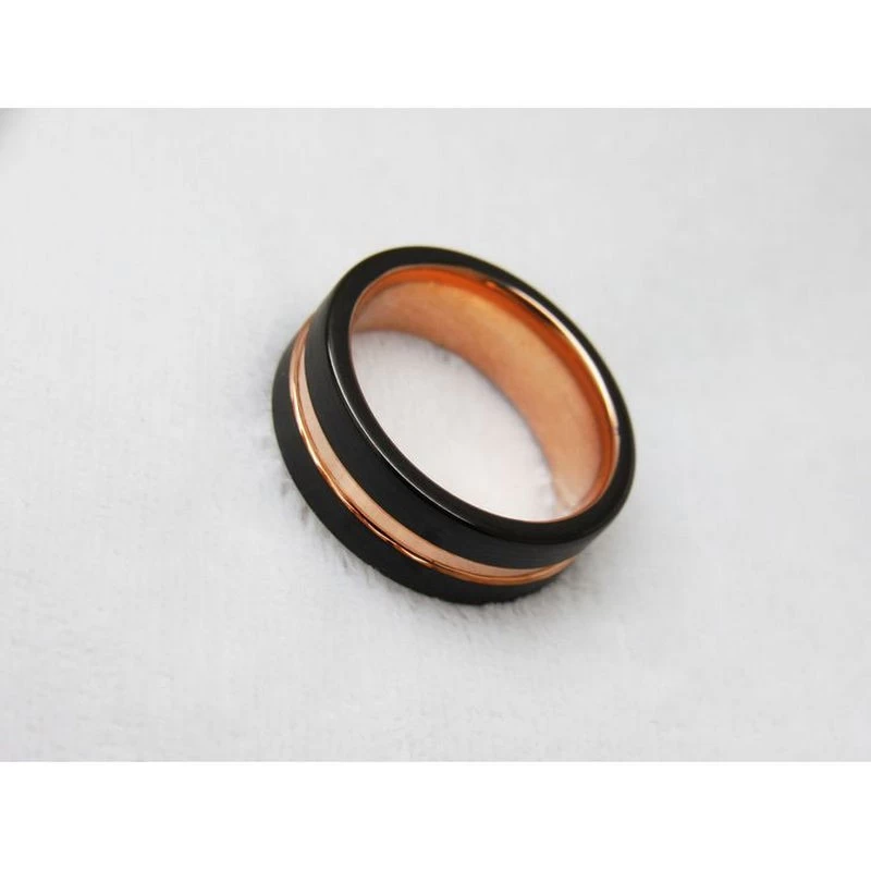 Tungsten Ring in Stock High Quality and Affordable Two Toned Tungsten Wedding Bands Brushed Black Tungsten Carbide Ring with Rose Gold Channel China Manufacturer