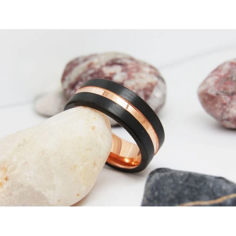 Tungsten Ring in Stock High Quality and Affordable Two Toned Tungsten Wedding Bands Brushed Black Tungsten Carbide Ring with Rose Gold Channel China Manufacturer