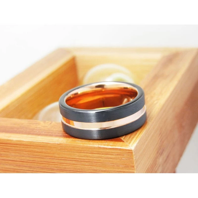 Tungsten Ring in Stock High Quality and Affordable Two Toned Tungsten Wedding Bands Brushed Black Tungsten Carbide Ring with Rose Gold Channel China Manufacturer