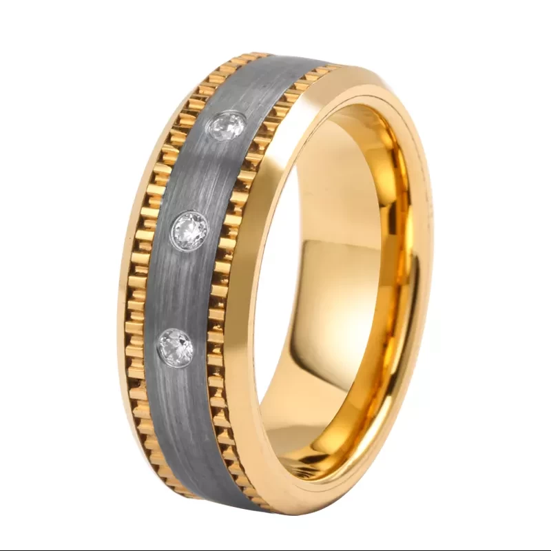 Unique And Affordable Tungsten Carbide Ring with CZ Stones 8mm Tungsten Wedding Bands Stainless Steel Gear Center TInlay with CZ Stones China Supplier