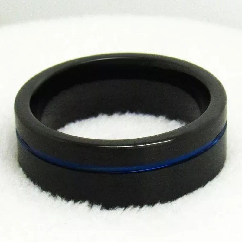 Tungsten Ring in Stock High Quality and Affordable Flat Men's Black Tungsten Carbide Ring with Blue Line on the Side China Manufacturer
