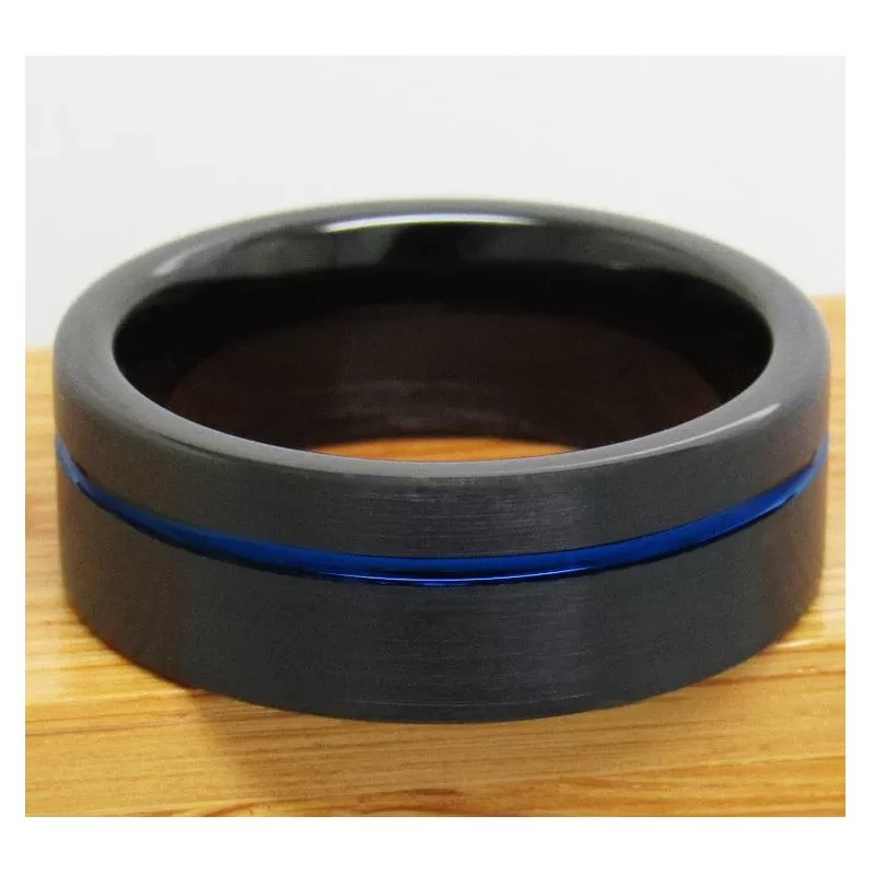 Tungsten Ring in Stock High Quality and Affordable Flat Men's Black Tungsten Carbide Ring with Blue Line on the Side China Manufacturer