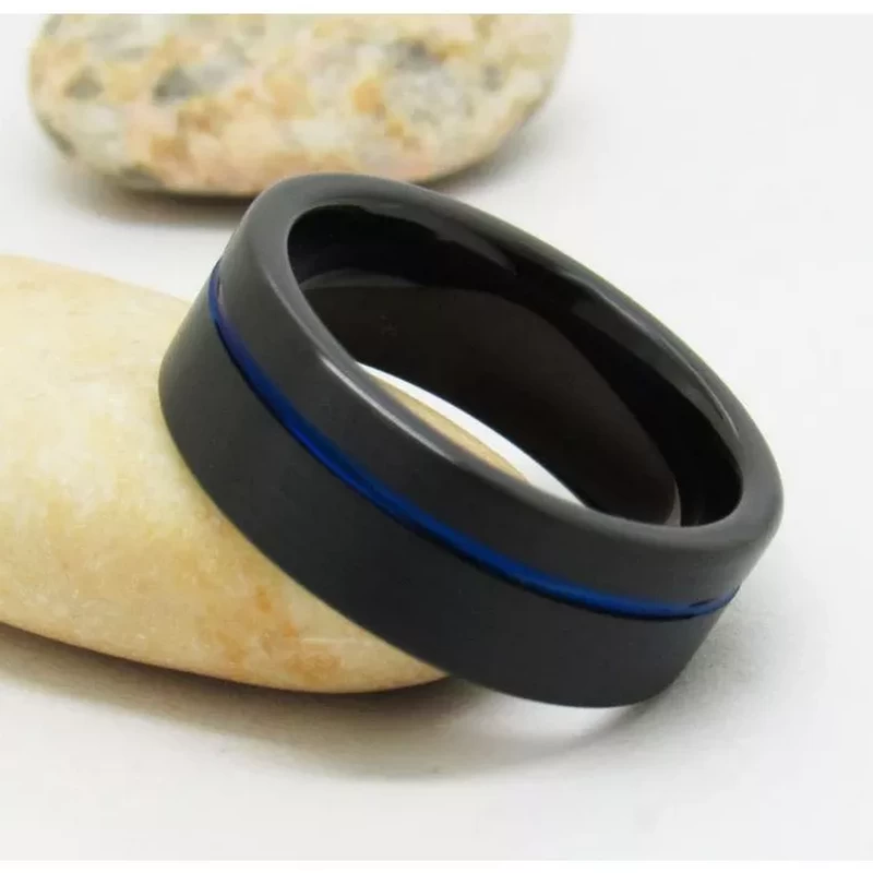 Tungsten Ring in Stock High Quality and Affordable Flat Men's Black Tungsten Carbide Ring with Blue Line on the Side China Manufacturer