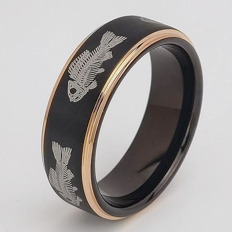 Tungsten Ring in Stock High Quality and Affordable Fish Pattern Engraved Two Toned Tungsten Wedding Bands Brushed Black Tungsten Carbide Ring with Rose Gold Edges China Manufacturer