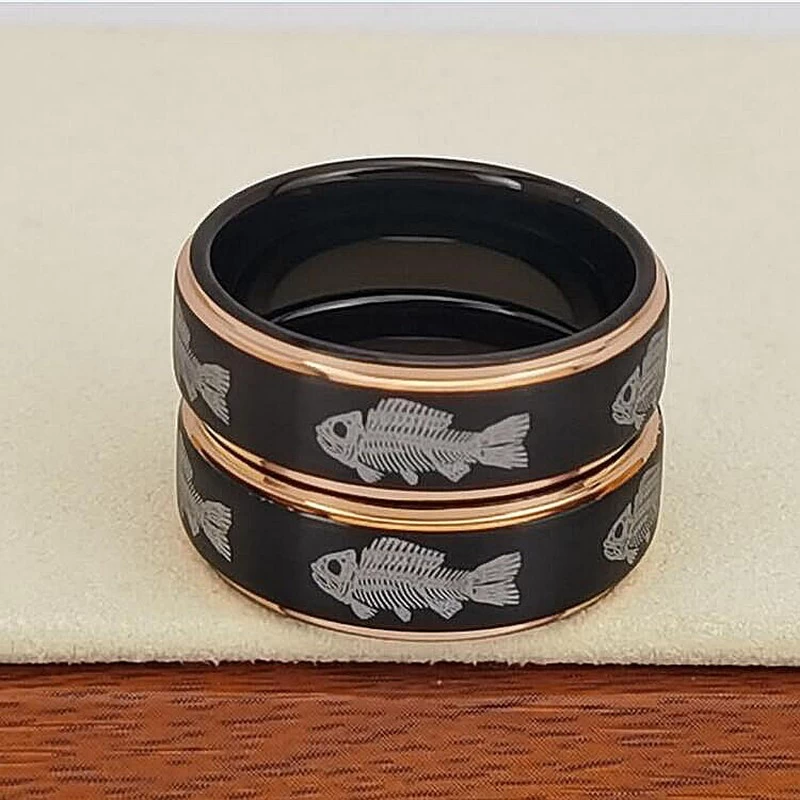 Tungsten Ring in Stock High Quality and Affordable Fish Pattern Engraved Two Toned Tungsten Wedding Bands Brushed Black Tungsten Carbide Ring with Rose Gold Edges China Manufacturer