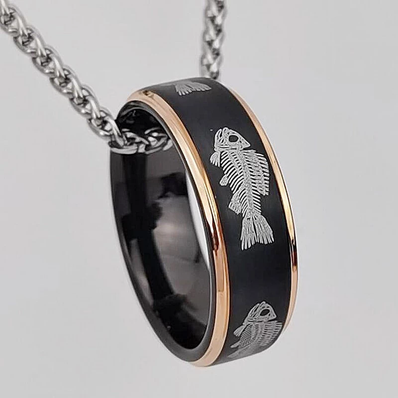 Tungsten Ring in Stock High Quality and Affordable Fish Pattern Engraved Two Toned Tungsten Wedding Bands Brushed Black Tungsten Carbide Ring with Rose Gold Edges China Manufacturer