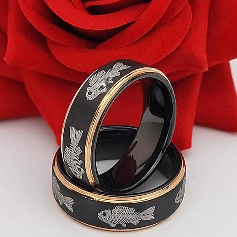 Tungsten Ring in Stock High Quality and Affordable Fish Pattern Engraved Two Toned Tungsten Wedding Bands Brushed Black Tungsten Carbide Ring with Rose Gold Edges China Manufacturer