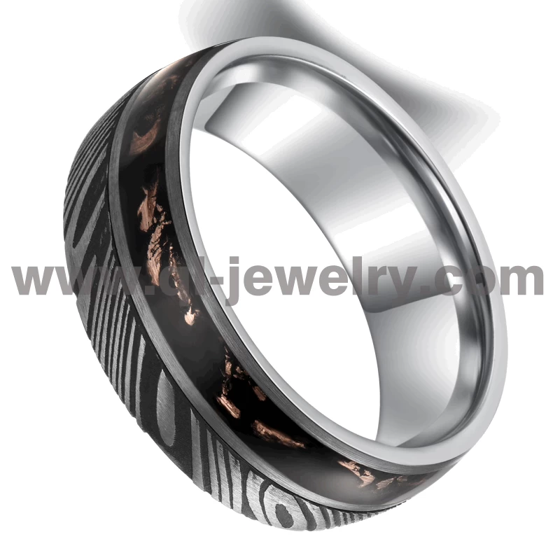 Cina Fedi nuziali uniche perfette in acciaio di Damasco Anello in acciaio di Damasco e tungsteno con intarsio in resina nera e lamina Produttori cinesi