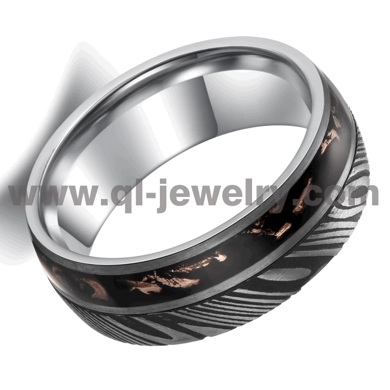 Cina Fedi nuziali uniche perfette in acciaio di Damasco Anello in acciaio di Damasco e tungsteno con intarsio in resina nera e lamina Produttori cinesi