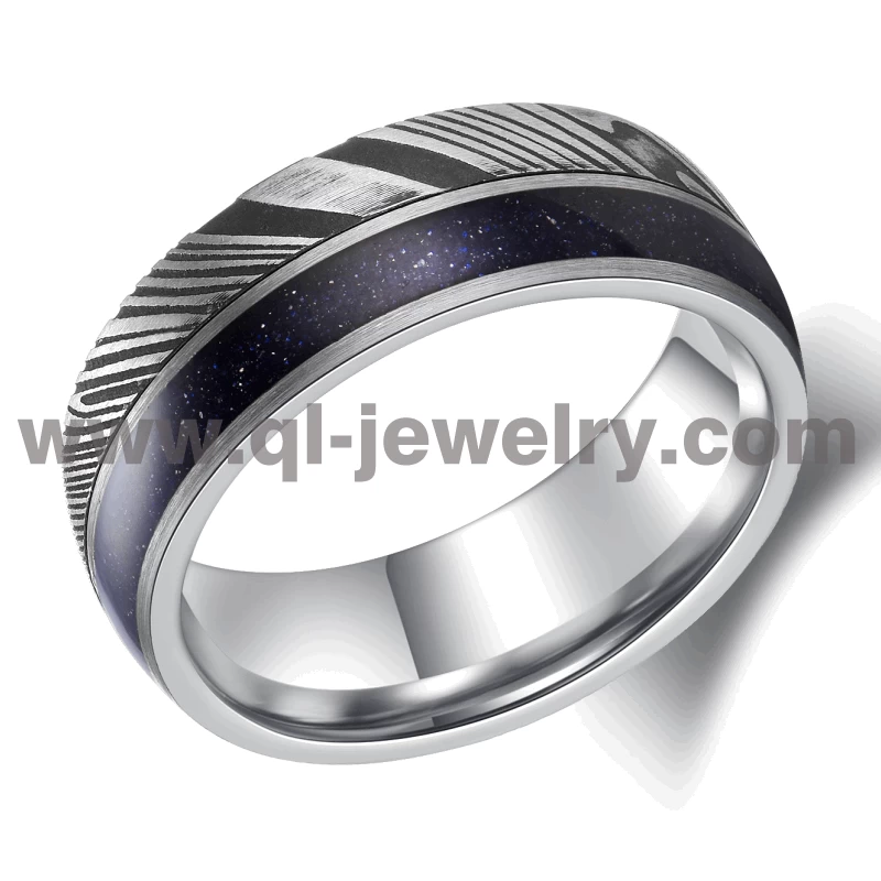 Affordable and Unique Damascus Steel Wedding Bands Damascus Steel and Tungsten Ring with Blue Sandstone Inlay China Manufacturer