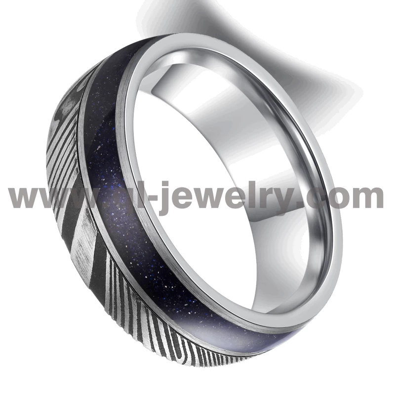 Affordable and Unique Damascus Steel Wedding Bands Damascus Steel and Tungsten Ring with Blue Sandstone Inlay China Manufacturer